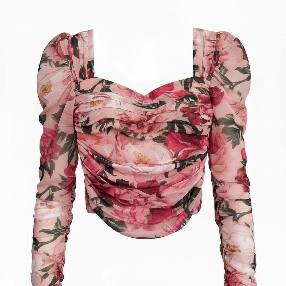 Express Body Contour Pink Floral Ruched Mesh Top Size S Coquette Milkmaid Dainty